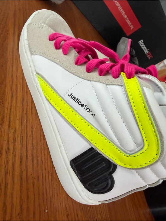 Justice Shoes - Justice Sport Girls White Sneakers with Neon Yellow Accent and Hot Pink Laces